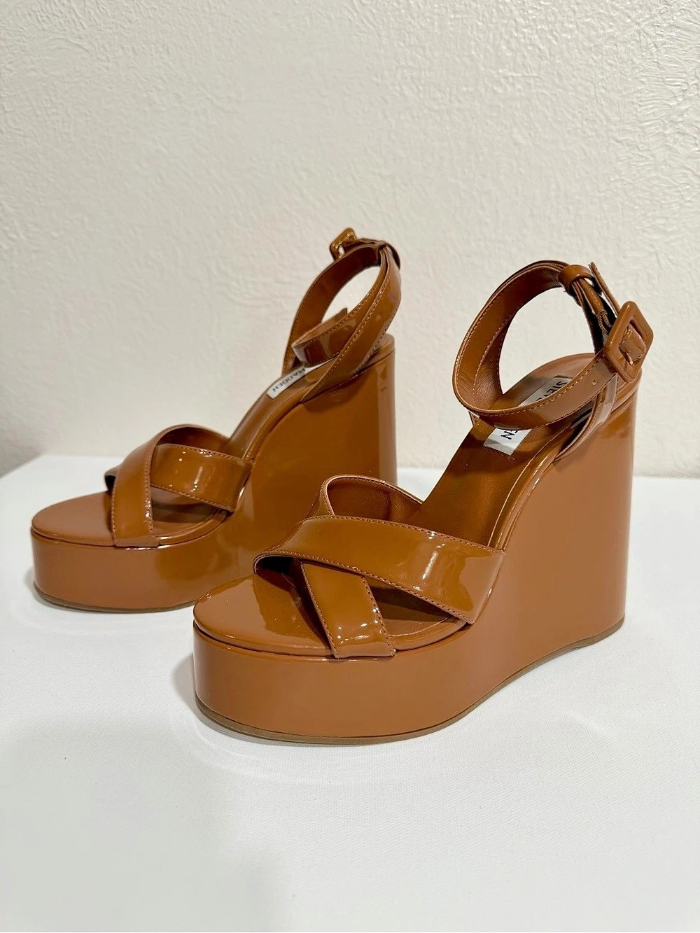 Steve Madden Pinnacle Camel Patent Ankle Strap Wedge Sandals